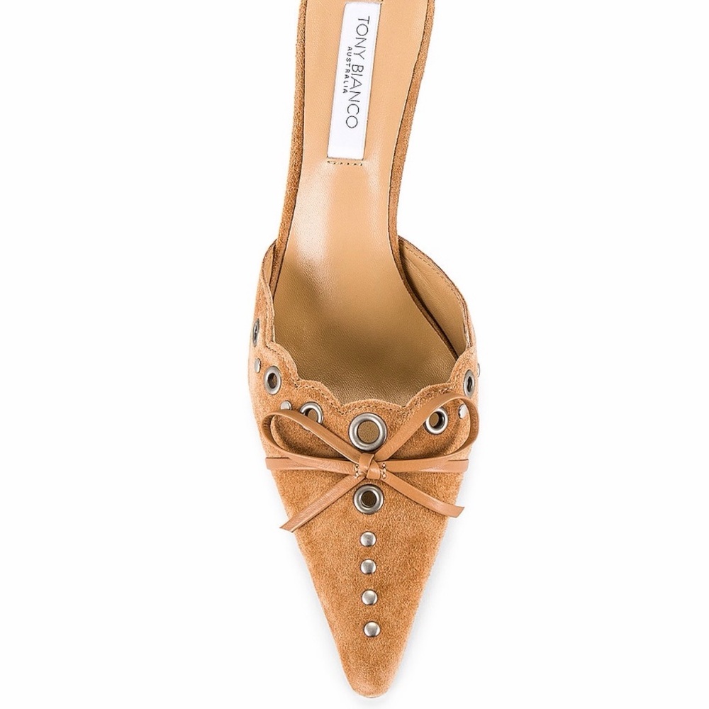 Tony Bianco butterscotch Suede 
shae Mules with Bow Detail 6.5